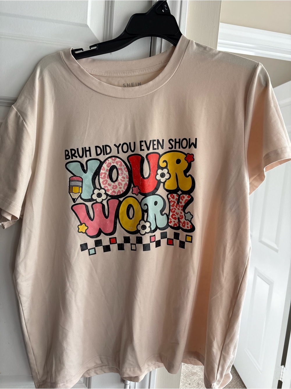 SHEIN Pastel Pink Graphic Tee with Multicolor Bubble Letters